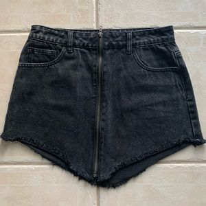 High Waisted Denim Black Stone Washed Triangle-cut Mini Skirt